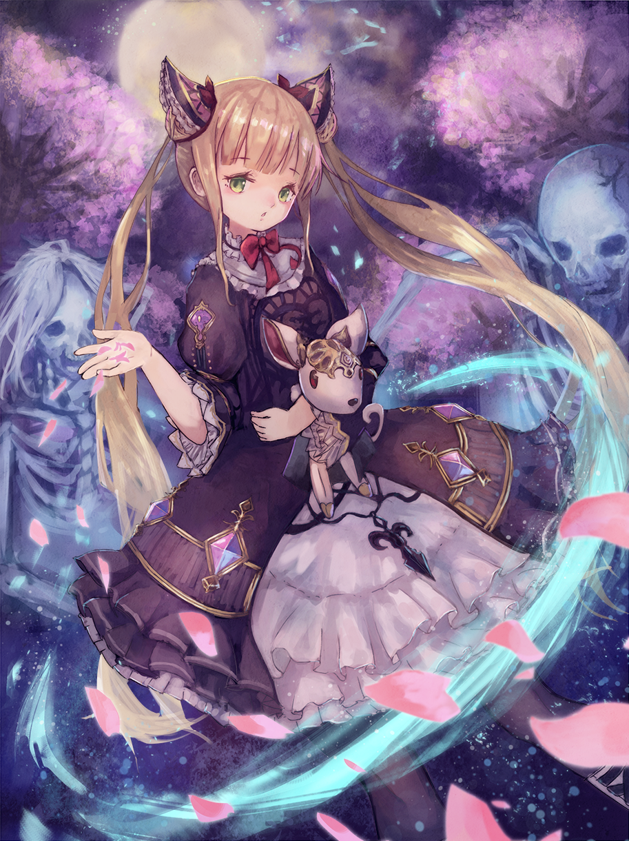 1girl bangs black_dress blonde_hair bow double_bun dress frills green_eyes hair_ornament highres holding holding_stuffed_toy lolita_fashion long_hair looking_at_viewer luna_(shadowverse) moon night outdoors puffy_sleeves ribbon shadowverse shin_murasame skeleton smile solo stuffed_toy twintails very_long_hair yellow_eyes