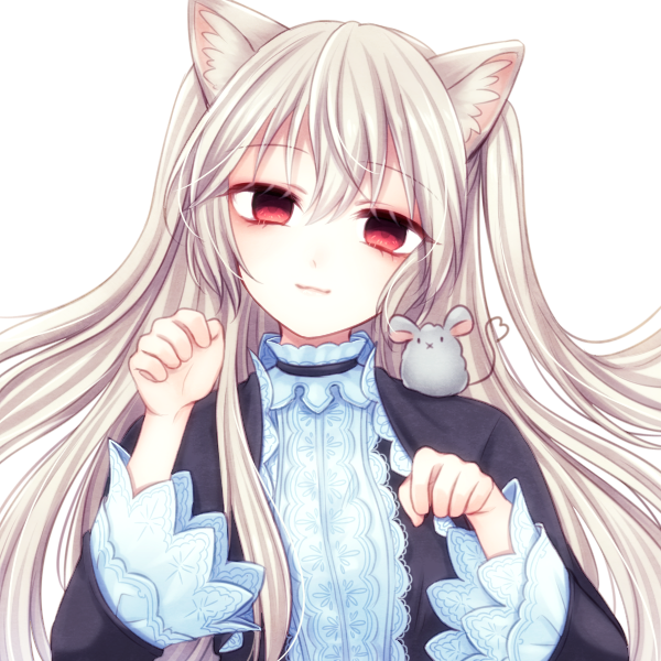 1girl :3 animal animal_ears animal_on_shoulder bangs black_dress cat_ears closed_mouth dress empty_eyes eyebrows eyebrows_visible_through_hair eyelashes facing_viewer hair_between_eyes hands_up head_tilt heart heart_tail kurosaki_nana long_hair long_sleeves looking_at_viewer mouse nora_cat nora_cat_channel paw_pose red_eyes silver_hair simple_background smile solo tail two_side_up upper_body very_long_hair virtual_youtuber white_background wide_sleeves