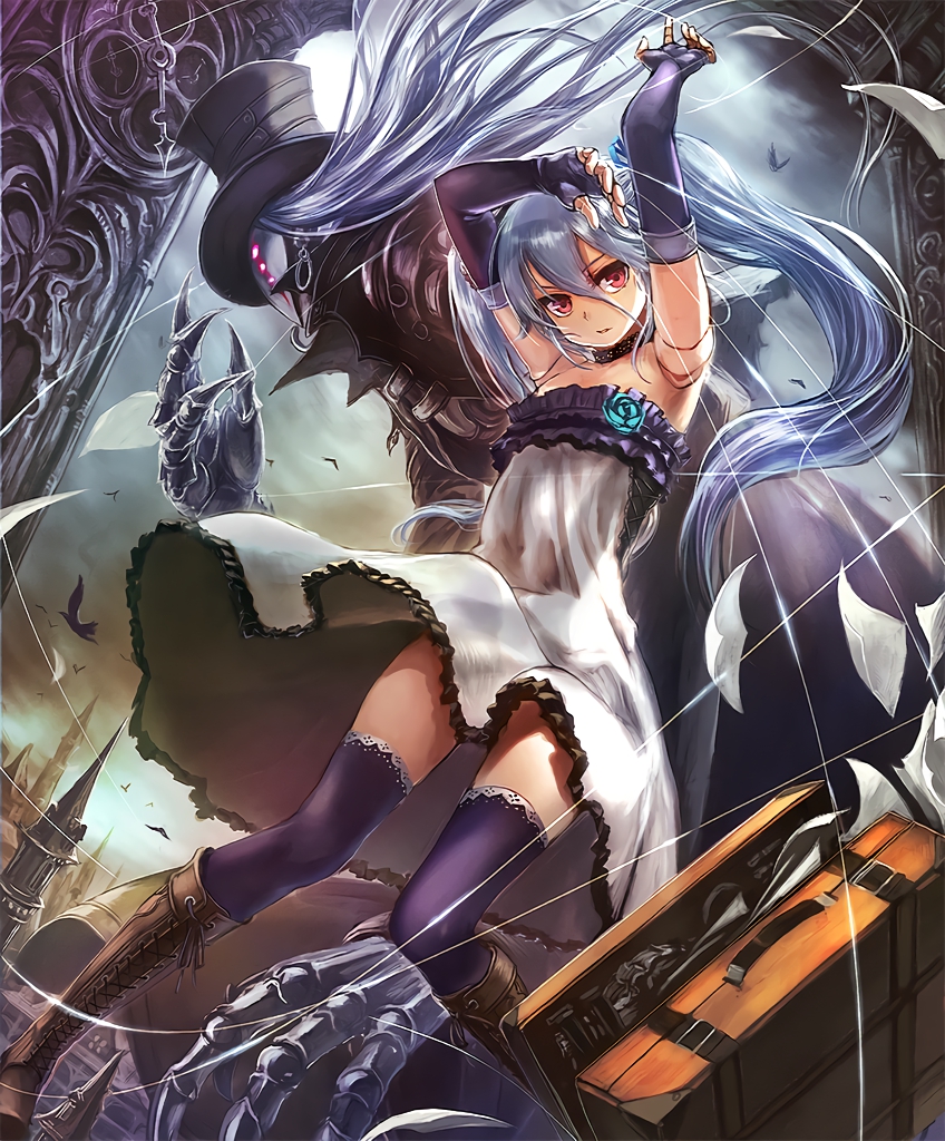 1boy 1girl artist_request bare_shoulders bird boots briefcase cygames doll_joints fingerless_gloves frilled_skirt frills gloves hat lloyd_(granblue_fantasy) long_hair looking_at_viewer mask official_art orchis red_eyes shadowverse shingeki_no_bahamut skirt string thigh-highs top_hat twintails white_hair