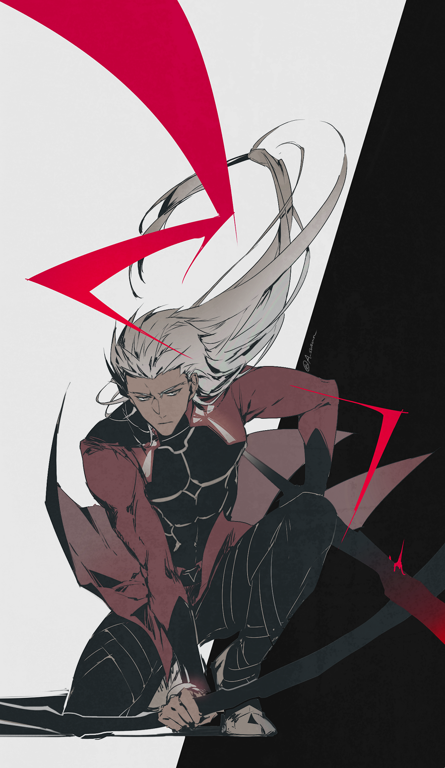 1boy archer bow_(weapon) brown_eyes closed_mouth dark_skin dark_skinned_male fate/stay_night fate_(series) full_body highres holding holding_bow_(weapon) holding_weapon long_hair male_focus solo two-tone_background weapon white_hair zelovel