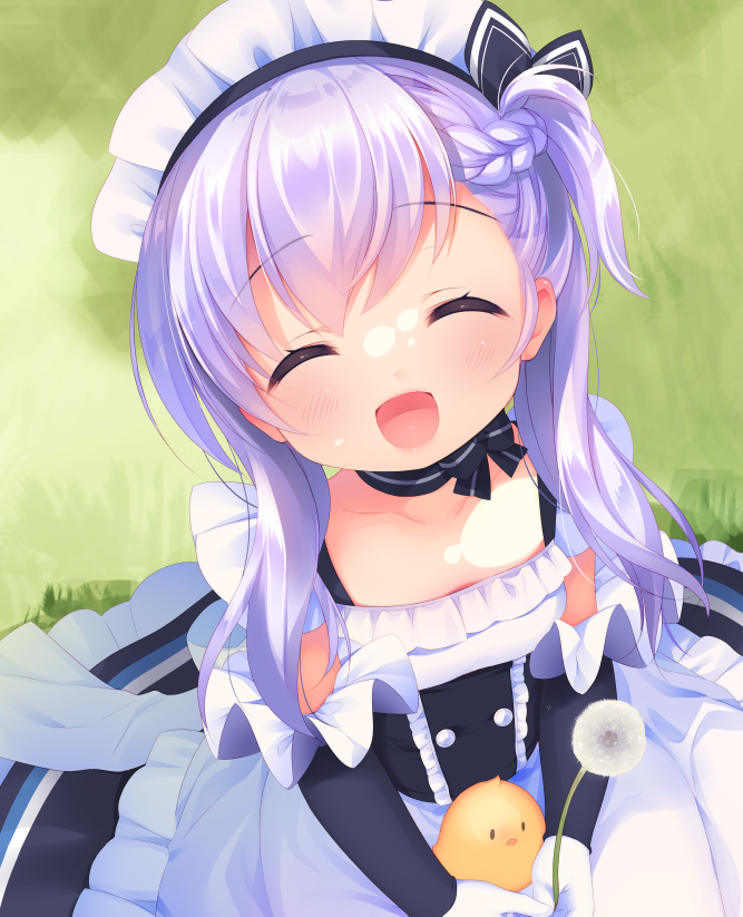 1girl :d ^_^ apron azur_lane bangs belfast_(azur_lane) black_dress blush braid close-up closed_eyes collarbone day dress dutch_angle eyebrows_visible_through_hair frilled_apron frilled_dress frills gloves grass hair_between_eyes holding long_hair looking_at_viewer maid_headdress on_grass open_mouth outdoors piyodera_mucha purple_hair sitting smile solo waist_apron white_apron white_gloves younger