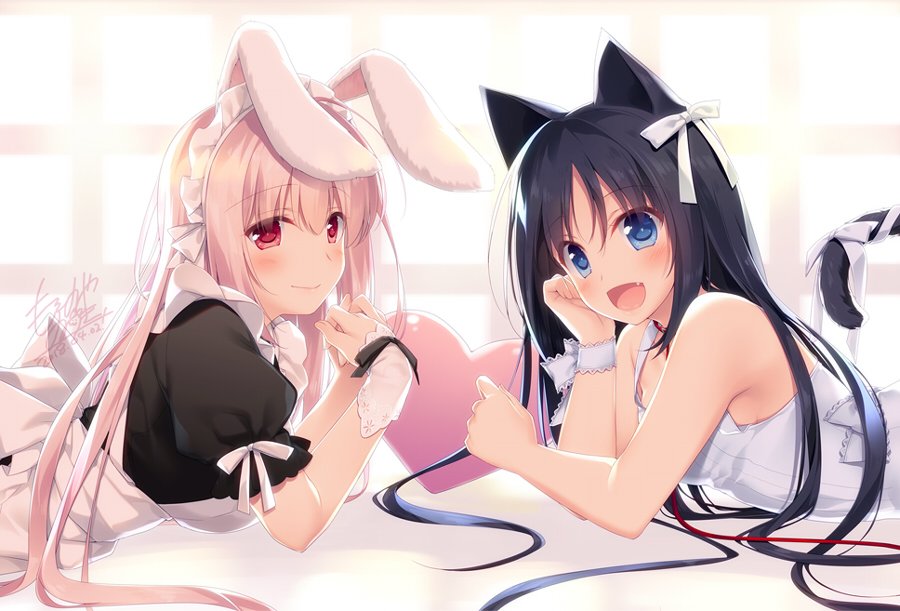 2girls :d animal_ears apron bangs bare_arms bare_shoulders black_dress black_hair blue_eyes blush cat_ears cat_girl cat_tail closed_mouth commentary_request day dress eyebrows_visible_through_hair fang hair_between_eyes heart long_hair looking_at_viewer looking_to_the_side lying maid maid_apron maid_headdress motomiya_mitsuki multiple_girls on_stomach open_mouth original pink_hair puffy_short_sleeves puffy_sleeves rabbit_ears red_eyes short_sleeves sleeveless sleeveless_dress smile sunlight tail very_long_hair white_apron white_dress window wrist_cuffs