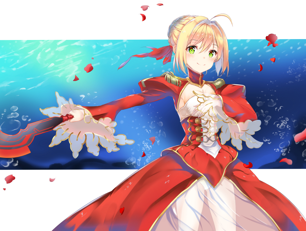 1girl aestus_estus ahoge bangs blonde_hair blush braid breasts closed_mouth dress epaulettes eyebrows_visible_through_hair fate/extra fate_(series) green_eyes hair_between_eyes hair_bun hair_ribbon holding holding_sword holding_weapon juliet_sleeves large_breasts long_sleeves looking_at_viewer nero_claudius_(fate) nero_claudius_(fate)_(all) outstretched_arm petals puffy_sleeves red_dress red_ribbon ribbon see-through sidelocks smile solo sword toki_(yoyobozi) weapon wide_sleeves