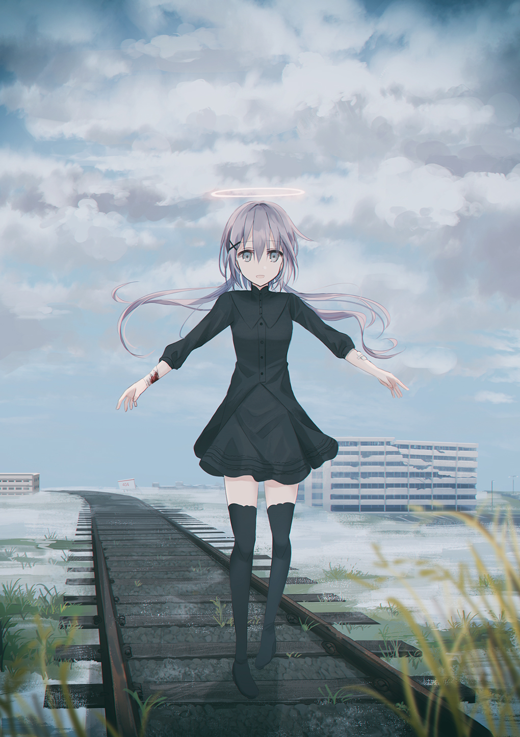 1girl :d bandage bandaged_arm bangs black_dress black_legwear blood blue_sky blurry blurry_foreground building clouds cloudy_sky commentary_request depth_of_field dress eyebrows_visible_through_hair floating_hair grey_eyes hair_between_eyes hair_ornament halo highres long_hair long_sleeves looking_at_viewer open_mouth original outdoors railroad_tracks ruins sakanaoishiiumauma sidelocks silver_hair sky smile solo standing standing_on_one_leg thigh-highs very_long_hair x_hair_ornament