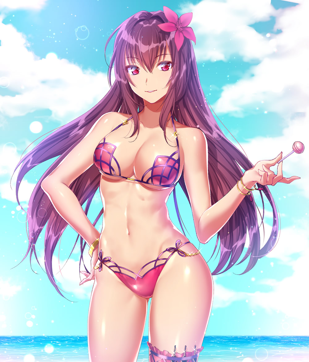 1girl beach bikini blue_sky bracelet breasts candy cleavage clouds cloudy_sky commentary_request day fate/grand_order fate_(series) flower food hair_flower hair_ornament hibiscus jewelry kunai large_breasts leg_garter lollipop looking_at_viewer navel ocean pink_bikini purple_bikini purple_hair red_eyes scathach_(fate/grand_order) scathach_(swimsuit_assassin)_(fate) sky smile sparkle swimsuit thigh_strap tsuru_ringo weapon