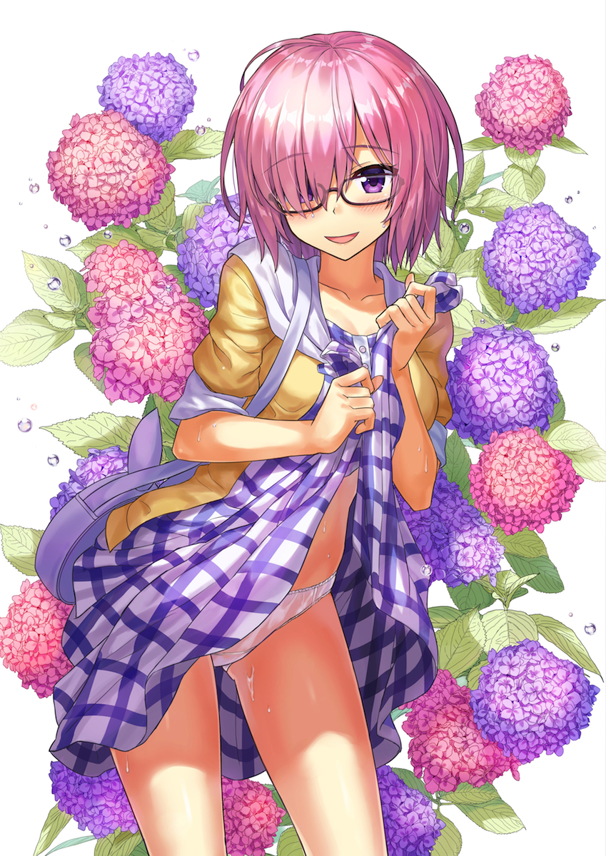 1girl :d ass_visible_through_thighs bag black-framed_eyewear blue_dress blush checkered checkered_dress collarbone contrapposto dress dress_lift eyebrows_visible_through_hair fate/grand_order fate_(series) flower glasses highres hydrangea jacket leaning_forward lifted_by_self looking_at_viewer mash_kyrielight npcpepper open_clothes open_jacket open_mouth panties pink_flower pink_hair plant purple_flower shiny shiny_hair short_hair short_sleeves shoulder_bag simple_background smile solo standing thighs underwear violet_eyes water_drop wet wet_clothes wet_panties white_background white_panties yellow_jacket