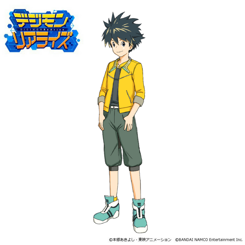 1boy aqua_footwear belt black_hair black_shirt blue_eyes commentary_request company_name digimon digimon_rearise green_pants jacket logo looking_at_viewer male_protagonist_(digimon_rearise) nakatsuru_katsuyoshi official_art pants shirt shoes simple_background smile sneakers solo spiky_hair standing thumb_in_pocket watermark white_background yellow_jacket yellow_legwear