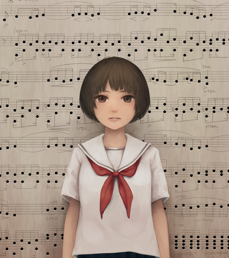 1girl accent_mark bangs beamed_eighth_notes beamed_sixteenth_notes brown_eyes brown_hair commentary dotted_eighth_note eighth_note eighth_rest grace_note looking_at_viewer musical_note natural_sign neckerchief original parted_lips quarter_note red_neckwear sailor_collar school_uniform serafuku sharp_sign shirt short_hair solo staccato staff_(music) upper_body white_sailor_collar white_shirt yajirushi_(chanoma)