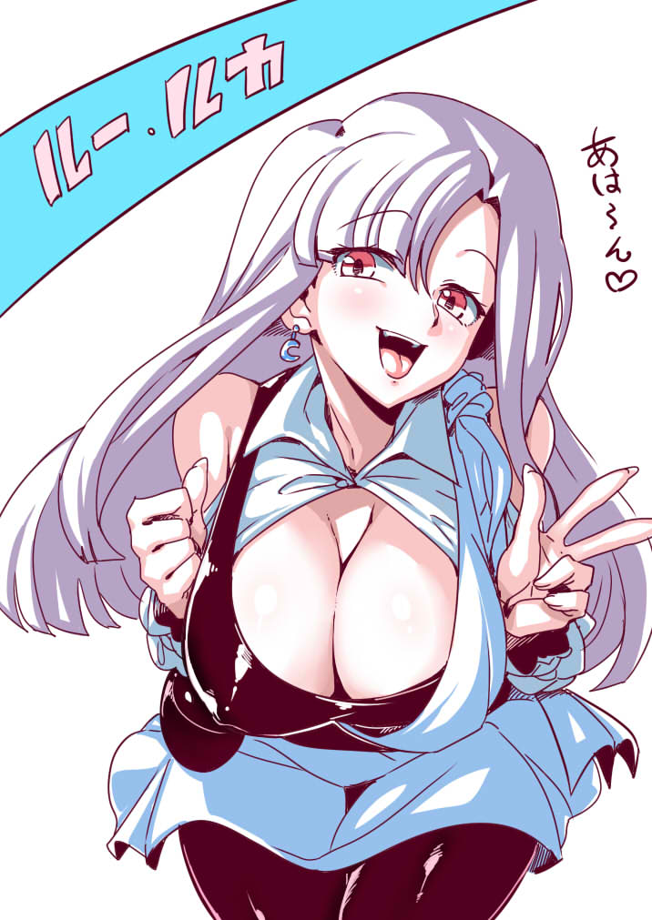 1girl :d bangs bare_shoulders blunt_bangs blunt_ends breasts character_name cleavage clenched_hand covered_nipples earrings eyebrows_visible_through_hair fanny_pack gundam gundam_zz jewelry large_breasts leaning_forward long_hair open_mouth pantyhose purple_hair red_eyes roux_louka smile solo tsuki_wani v white_background