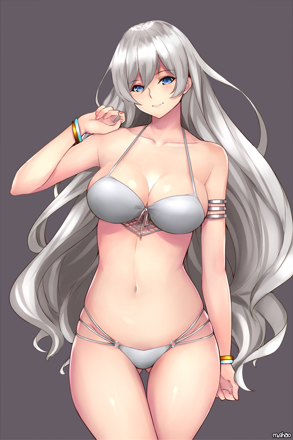 1girl arm_at_side arm_up armlet artist_name bare_arms bare_shoulders bikini black_background blush bracelet breasts cleavage closed_eyes collarbone cowboy_shot dungeon_and_fighter eyebrows_visible_through_hair gluteal_fold head_tilt jewelry large_breasts long_hair looking_at_viewer multi-strapped_bikini nail_polish navel pink_nails shaojiang shiny shiny_skin silver_hair simple_background skindentation smile solo standing stomach swimsuit thigh_gap very_long_hair white_bikini