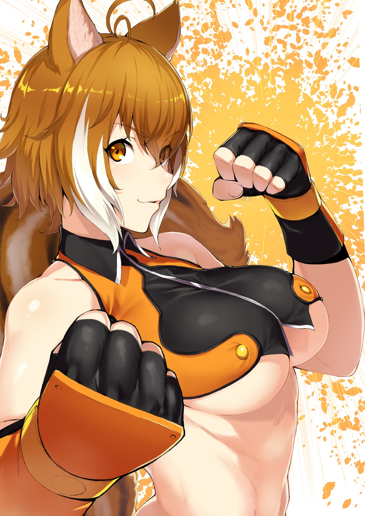 1girl animal_ears artist_request bare_shoulders blazblue breasts brown_eyes brown_hair eyes_visible_through_hair fingerless_gloves from_side gloves hair_between_eyes highres large_breasts looking_at_viewer makoto_nanaya smile solo squirrel_ears squirrel_tail tail under_boob upper_body