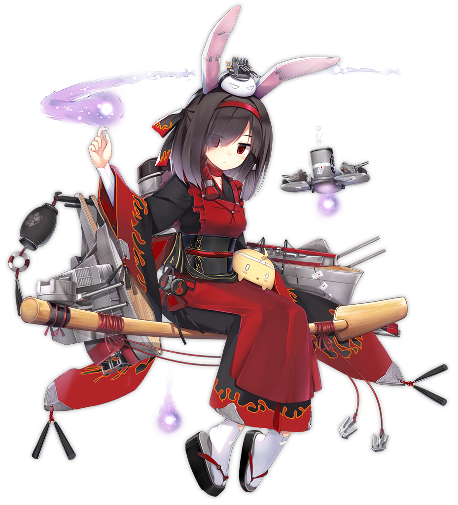 1girl animal_ears arm_up artist_request azur_lane black_hair expressionless eyes_visible_through_hair fake_animal_ears full_body gun headband hitodama japanese_clothes kimono looking_at_viewer machine_gun object_on_head official_art red_eyes remodel_(azur_lane) shiranui_(azur_lane) sitting sitting_on_object transparent_background weapon