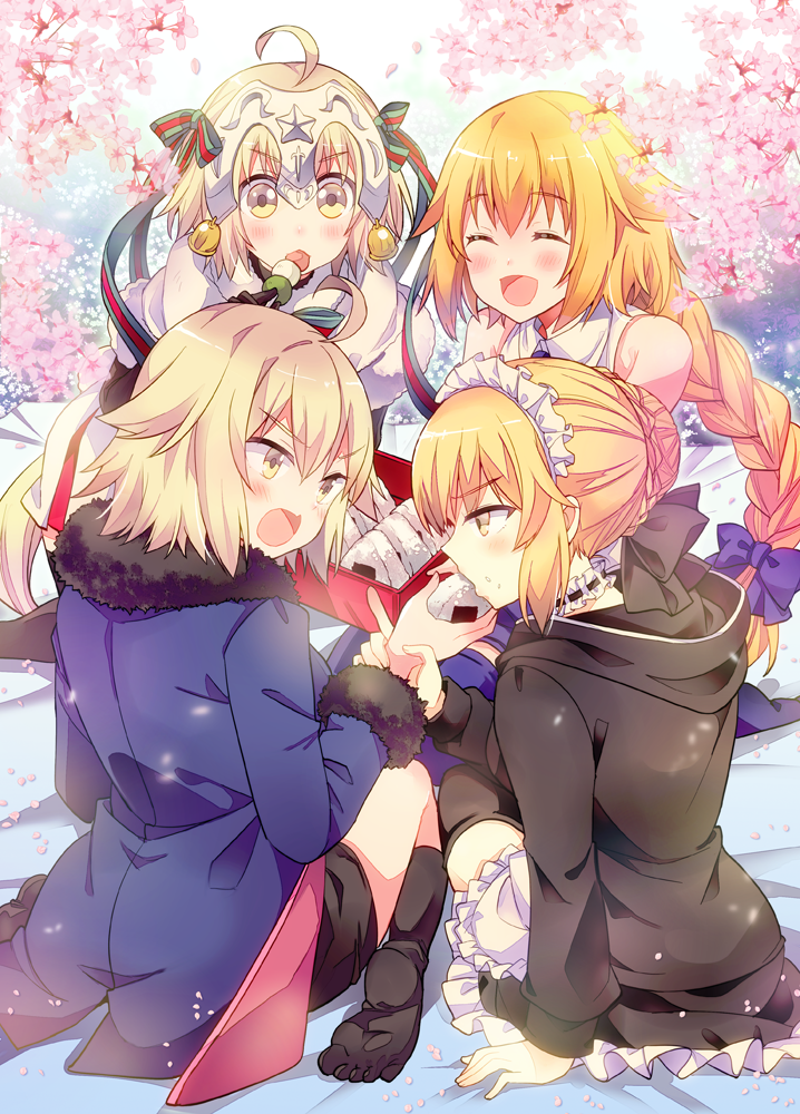4girls ^_^ ^o^ ahoge apron arm_support artoria_pendragon_(all) bangs bare_shoulders bell black_gloves black_jacket black_legwear black_ribbon black_shorts blonde_hair blue_bow blue_jacket blue_legwear blush bow braid capelet cherry_blossoms choker closed_eyes collared_shirt commentary_request dango dappled_sunlight dress eating elbow_gloves eyebrows_visible_through_hair fate/grand_order fate_(series) food food_in_mouth food_on_face food_theft french_braid frilled_apron frilled_choker frills fur-trimmed_capelet fur-trimmed_sleeves fur_collar fur_trim gloves green_ribbon hair_between_eyes hair_bow hair_bun headpiece hood hood_down hooded_jacket jacket jeanne_d'arc_(alter)_(fate) jeanne_d'arc_(fate) jeanne_d'arc_(fate)_(all) jeanne_d'arc_alter_santa_lily kneehighs kneeling long_braid long_hair long_sleeves looking_at_another looking_to_the_side lunchbox maid maid_headdress medium_hair multiple_girls onigiri open_mouth outdoors red_ribbon ribbon saber_alter sanshoku_dango shiny shiny_hair shirt shorts sidelocks single_braid sitting sleeveless sleeveless_shirt smile striped striped_bow striped_ribbon sunlight takitarou thigh-highs v-shaped_eyes very_long_hair wagashi waist_apron wariza white_apron white_capelet white_dress wrist_grab yellow_eyes