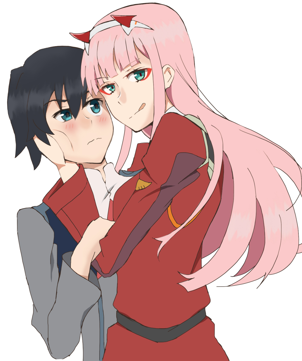 1boy 1girl black_hair blue_eyes couple darling_in_the_franxx green_eyes hand_on_another's_face hiro_(darling_in_the_franxx) horns hug licking_lips long_hair military military_uniform palettes pink_hair short_hair tongue tongue_out uniform zero_two_(darling_in_the_franxx)