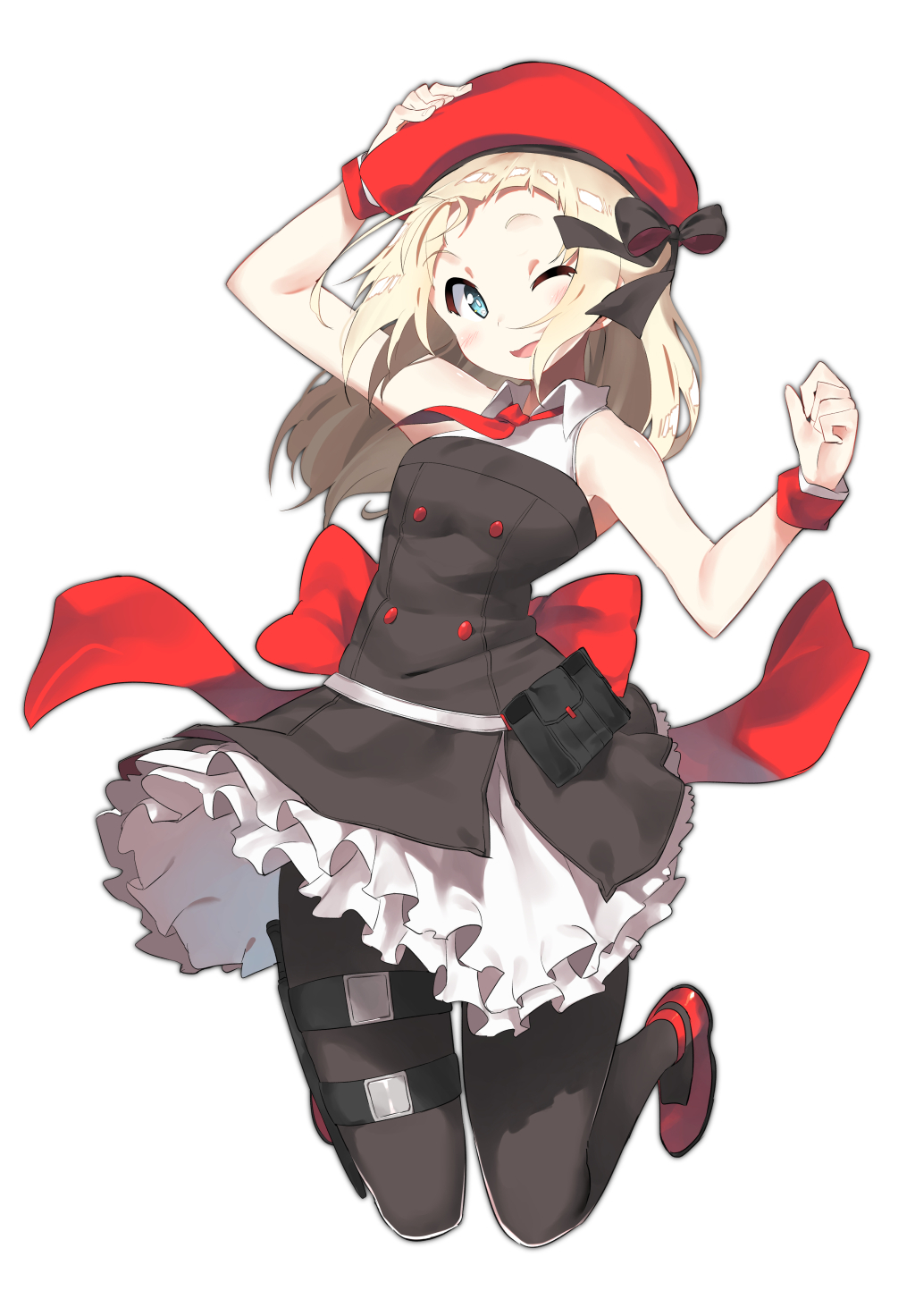 1girl armpits bangs bare_shoulders bent_knees beret black_legwear blue_eyes blush bow collared_dress dress electriccross eyebrows_visible_through_hair full_body girls_frontline hand_on_headwear hat highres holster jumping long_hair looking_at_viewer mp5_(girls_frontline) necktie one_eye_closed pantyhose pouch red_bow red_neckwear sidelocks silver_hair simple_background sleeveless sleeveless_dress smile solo thigh_holster thigh_strap white_background wristband