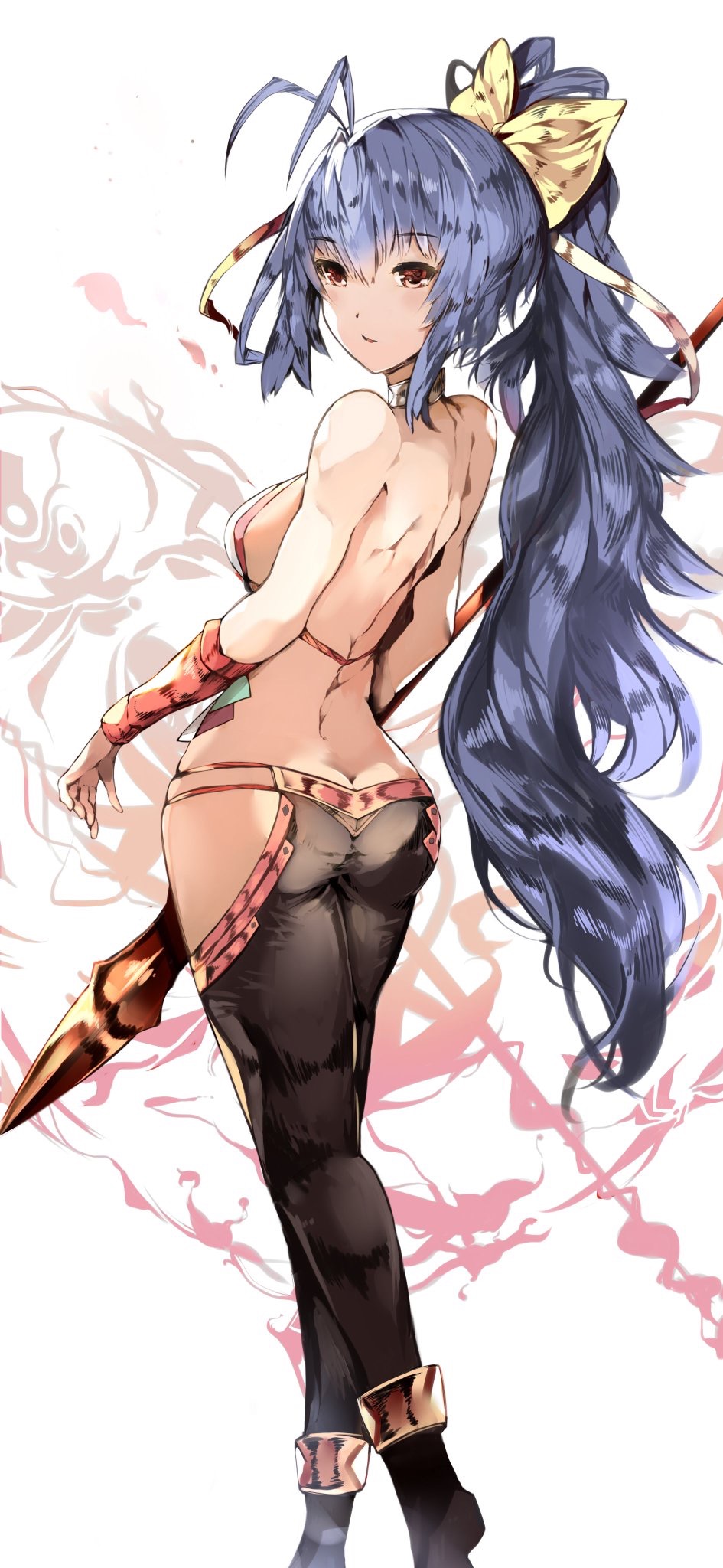 1girl antenna_hair ass backless_outfit bangs bare_back bare_shoulders black_pants blazblue blue_hair blush bow breasts brown_eyes butt_crack commentary_request eyebrows_visible_through_hair feet_out_of_frame hair_between_eyes hair_bow high_ponytail highres holding holding_spear holding_weapon long_hair looking_away looking_to_the_side lowleg lowleg_pants mai_natsume medium_breasts outseal pants parted_lips polearm ponytail revealing_clothes sideboob sidelocks solo spear venomrobo very_long_hair weapon yellow_bow