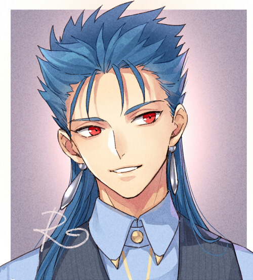 1boy blue_hair blue_shirt collared_shirt earrings fate/stay_night fate_(series) head_tilt jewelry kangetsu_(fhalei) lancer long_hair parted_lips purple_background red_eyes shirt signature smile solo vest wing_collar