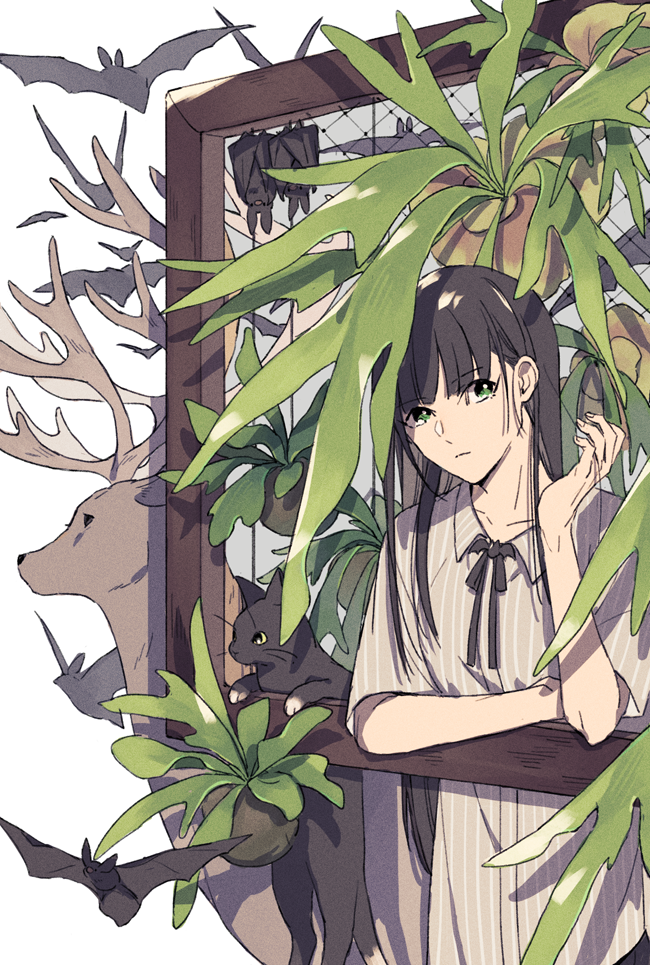 1girl animal bangs bat black_hair black_hat black_ribbon blunt_bangs closed_mouth collared_shirt ebira expressionless eyebrows_visible_through_hair green_eyes grey_background grey_shirt hand_up hat leaf long_hair looking_at_viewer original plant potted_plant reindeer ribbon shirt short_sleeves simple_background solo striped striped_shirt upper_body vertical-striped_shirt vertical_stripes very_long_hair whiskers