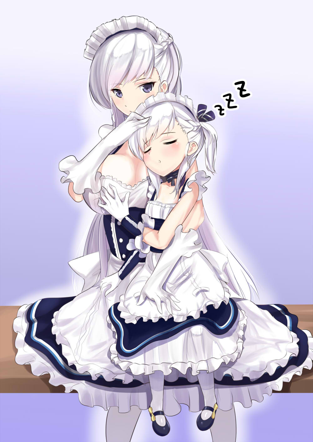 2girls apron azur_lane bare_shoulders belfast_(azur_lane) black_footwear blue_eyes blush braid breast_grab breasts cleavage closed_eyes closed_mouth corset dress dual_persona elbow_gloves eyebrows_visible_through_hair french_braid frilled_apron frills full_body gloves grabbing gradient gradient_background hand_on_another's_head highres large_breasts long_hair maid maid_headdress mary_janes multiple_girls one_side_up pantyhose parted_lips purple_background schreibe_shura shoes silver_hair sitting sitting_on_lap sitting_on_person sleeping sleeping_upright smile very_long_hair waist_apron white_apron white_gloves white_legwear zzz