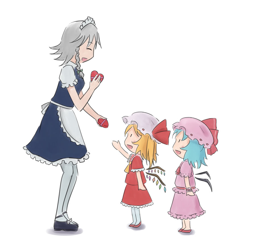 3girls agsagreen apron arm_at_side ascot bangs black_footwear blonde_hair blue_dress blue_hair blue_shirt blush_stickers bow braid child_drawing chocolate closed_eyes dress error flandre_scarlet frilled_dress frilled_skirt frills from_side grey_hair hair_bow hand_up happy hat hat_ribbon height_difference izayoi_sakuya maid maid_apron maid_headdress mob_cap multiple_girls open_mouth pantyhose pink_shirt pink_skirt profile red_footwear red_shirt red_skirt remilia_scarlet ribbon shirt short_dress short_hair short_sleeves siblings side_ponytail sisters skirt smile solid_oval_eyes standing touhou twin_braids valentine white_legwear white_shirt wings wrist_cuffs