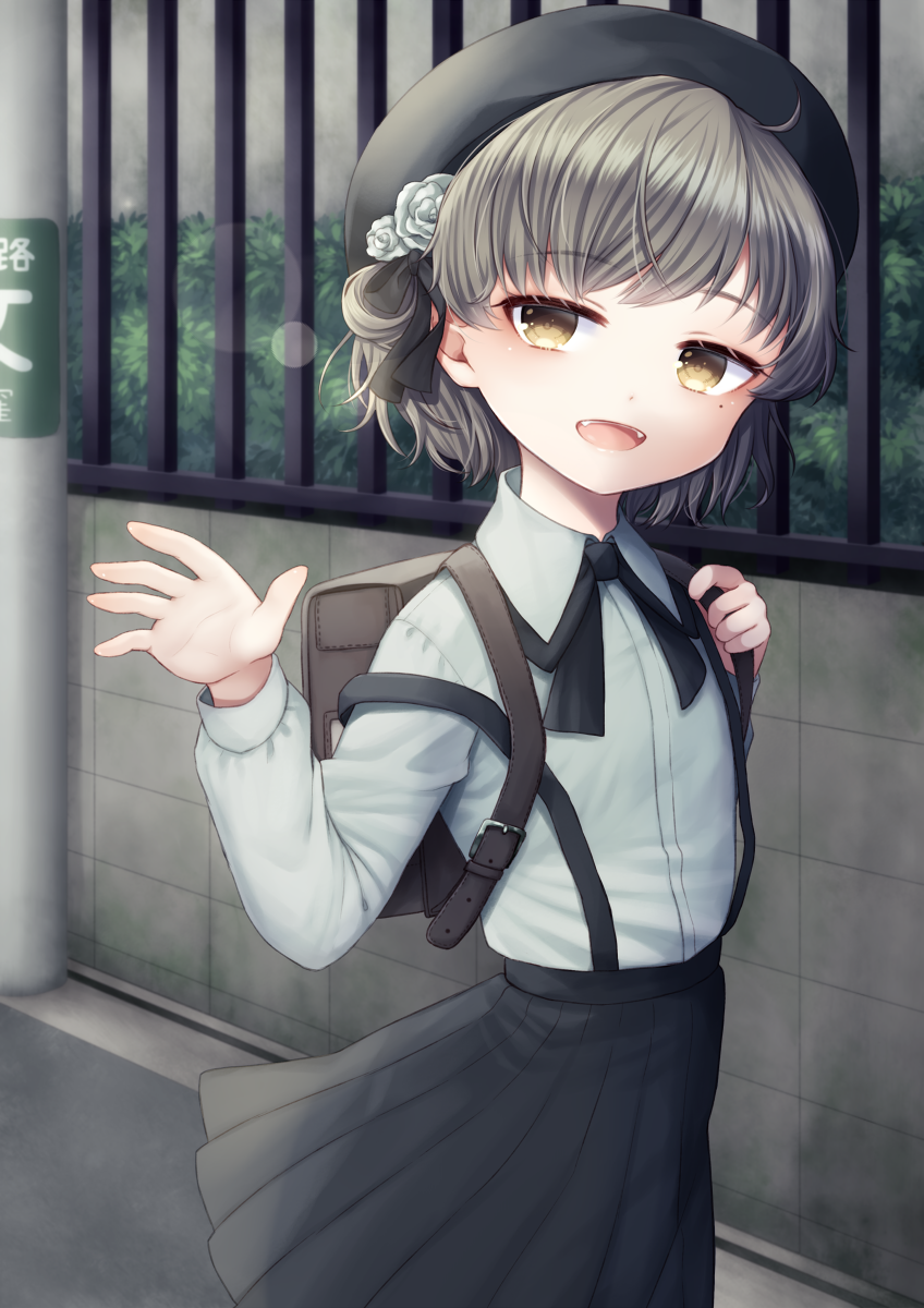 1girl :d ahoge backpack bad_perspective bag bangs beret black_bow black_hat black_neckwear black_ribbon black_skirt blush bow bowtie collared_shirt eyebrows eyebrows_visible_through_hair facing_away flat_chest flower grey_hair hair_rings hand_up hat hat_flower hat_ribbon hatoba_tsugu hatoba_tsugu_(character) highres kurosaki_nana lens_flare long_sleeves miniskirt mole mole_under_eye open_mouth outdoors plant pleated_skirt randoseru ribbon rose shirt skirt smile solo suspenders teeth tongue virtual_youtuber white_flower white_rose white_shirt yellow_eyes