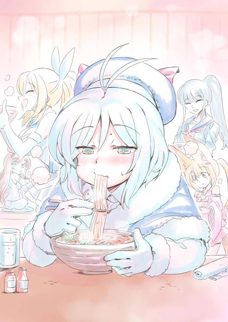 +_+ 5girls :d antenna_hair bare_shoulders black_hair blonde_hair blue_ribbon bowl breasts character_request chopsticks class cleavage closed_eyes dennou_shoujo_youtuber_shiro detached_sleeves eating elbow_gloves food food_request fur_trim gloves green_eyes hair_ornament hairclip hat high_ponytail kizuna_ai large_breasts long_hair looking_back mirai_akari mirai_akari_project multiple_girls noodles open_mouth oshibori profile ribbon school_uniform serafuku shiro_(dennou_shoujo_youtuber_shiro) shorts sidelocks sitting smile steam tsuki_wani virtual_youtuber white_gloves white_hair white_shorts