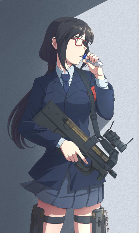 1girl black_hair bullpup glasses gun holding holding_gun holding_weapon long_hair low_tied_hair necktie oda_masaki_(b-minor) original p90 school_uniform solo submachine_gun trigger_discipline weapon