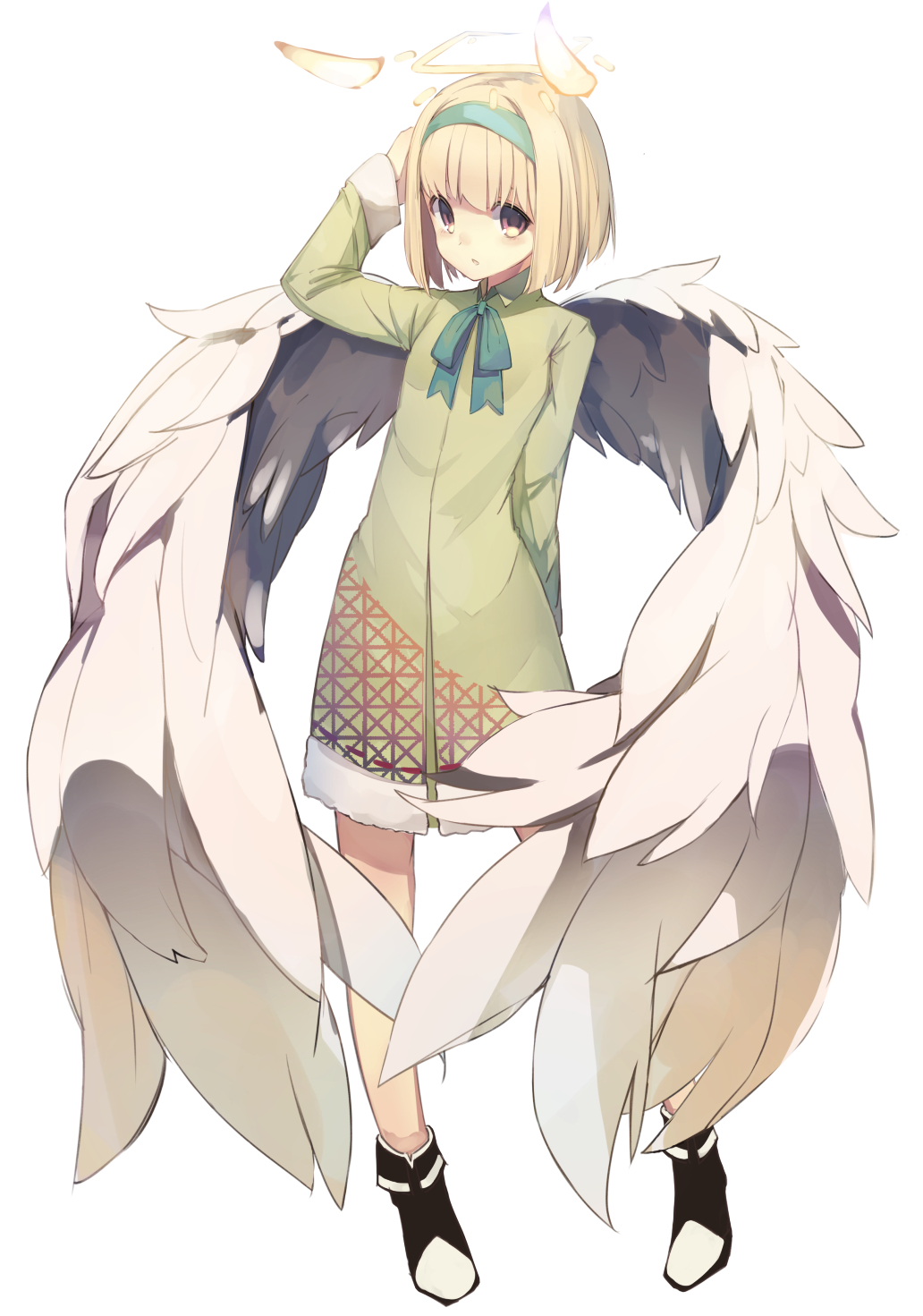 1girl angel angel_wings arm_behind_back arm_up bangs blonde_hair blush bob_cut boots brown_eyes coat commentary_request detached_horns enamisachi full_body green_hairband green_ribbon hairband hand_on_own_head highres horns long_sleeves looking_at_viewer neck_ribbon original parted_lips ribbon short_hair simple_background solo standing tareme white_background white_wings wing_collar wings