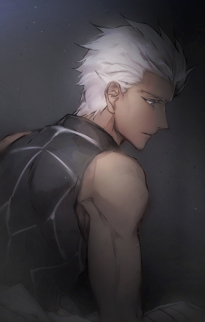 1boy archer dark_skin dark_skinned_male fate/stay_night fate_(series) from_behind from_side grey_eyes indoors light_rays looking_down male_focus muscle parted_lips sitting solo sunbeam sunlight white_hair zelovel