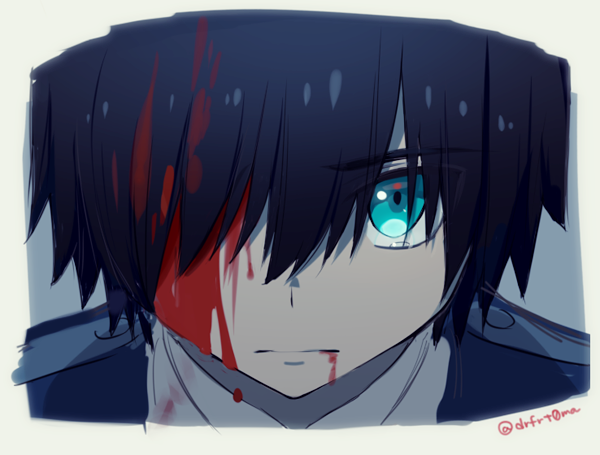 1boy black_hair blood blood_on_face bloody_clothes blue_eyes darling_in_the_franxx hair_over_one_eye hiro_(darling_in_the_franxx) male_focus solo tears toma_(norishio) uniform