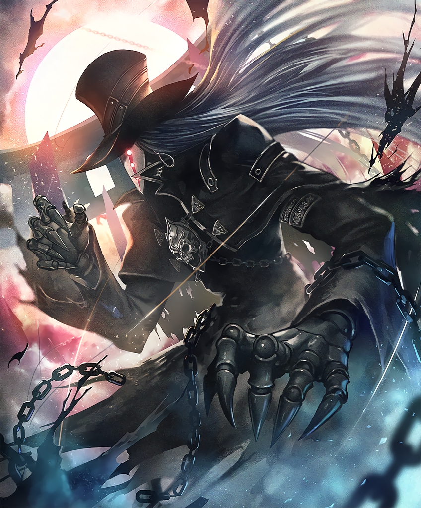 1boy artist_request chains claws cygames hat lloyd_(granblue_fantasy) long_hair mask official_art red_eyes shadowverse shingeki_no_bahamut solo string top_hat trench_coat white_hair