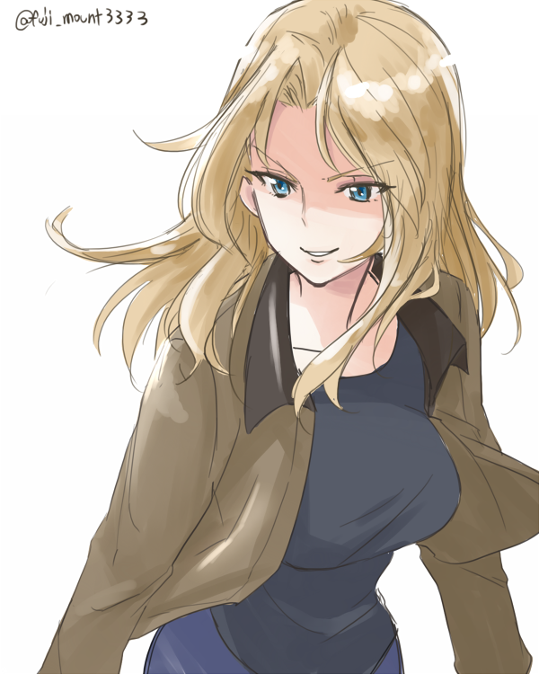 1girl blonde_hair blue_eyes bomber_jacket breasts fuji_(fuji_mount3333) girls_und_panzer hair_intakes jacket kay_(girls_und_panzer) large_breasts long_hair saunders_military_uniform shaded_face smile solo tank_top twitter_username white_background