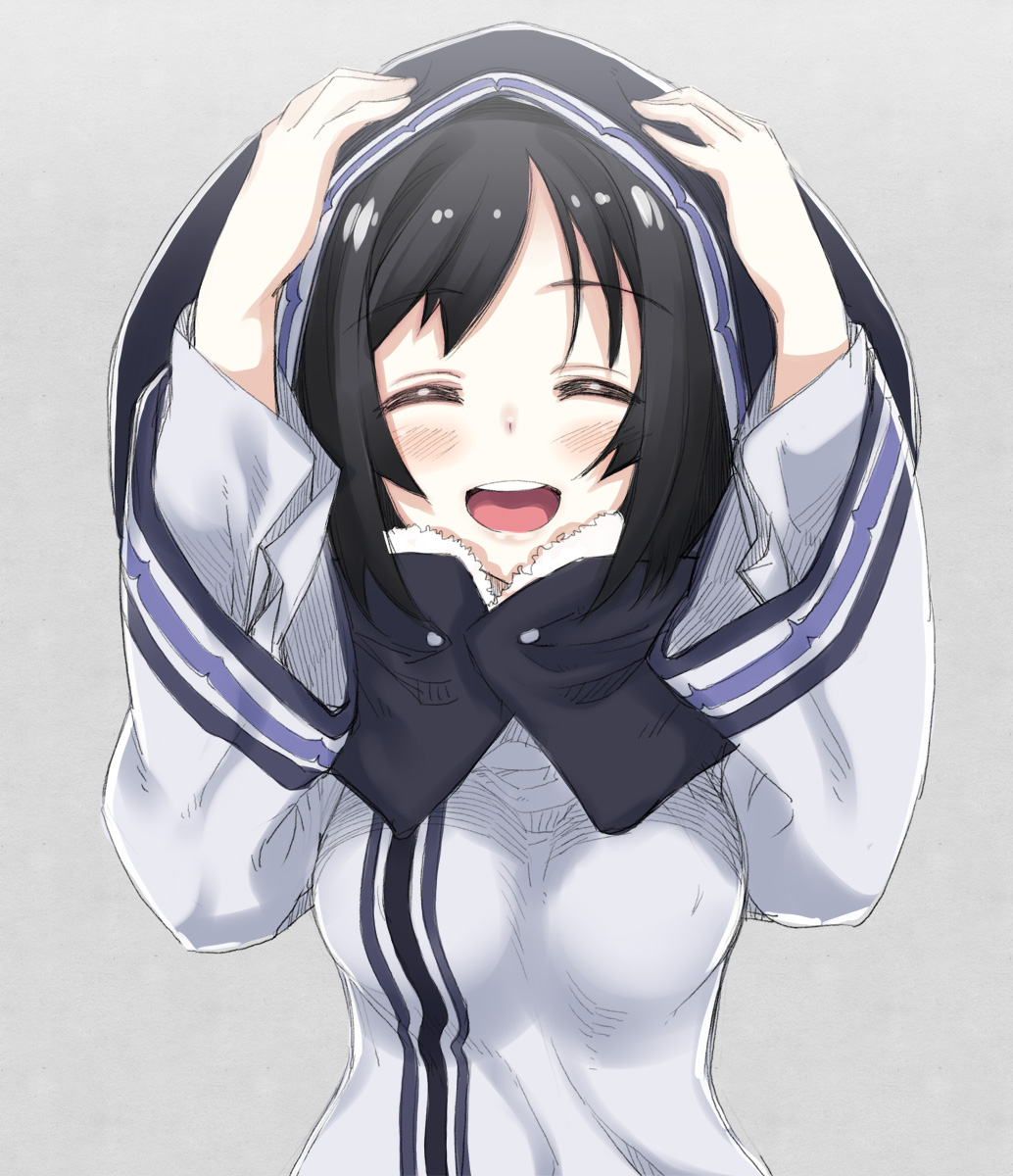 1girl :d akino_sora black_hair blush breasts closed_eyes copyright_request eyebrows_visible_through_hair facing_viewer grey_background hands_up highres hood hood_up long_sleeves medium_breasts open_mouth round_teeth simple_background smile solo teeth upper_body