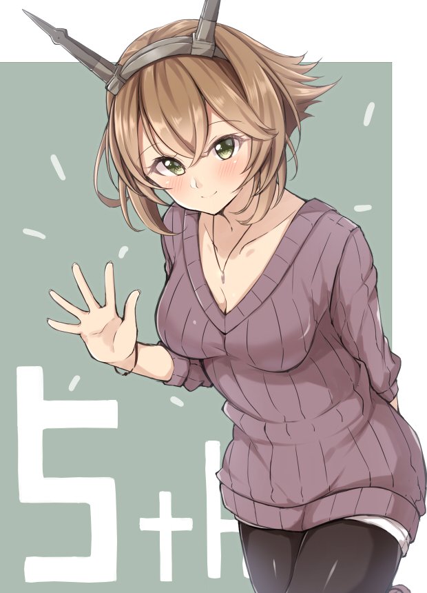 1girl arm_behind_back black_legwear blush breasts brown_hair cleavage collarbone dress flipped_hair green_eyes grey_background hair_between_eyes headgear jiino kantai_collection leaning_forward looking_at_viewer medium_breasts mutsu_(kantai_collection) purple_sweater ribbed_sweater short_hair simple_background smile solo sweater sweater_dress thigh-highs translation_request upper_body waving white_background