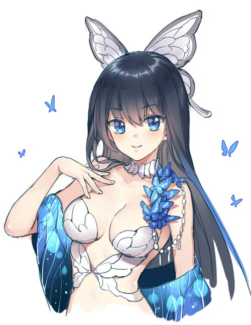 1girl bangs black_hair blue_eyes blush breasts bug butterfly butterfly_hair_ornament closed_mouth eyebrows_visible_through_hair hair_ornament hand_on_own_chest hand_up insect kangetsu_(fhalei) long_hair looking_at_viewer medium_breasts original revealing_clothes simple_background smile solo upper_body white_background
