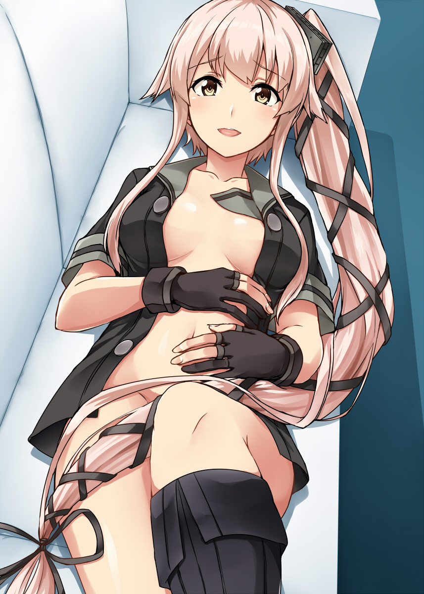 1girl :d black_gloves breasts buttons collarbone fingernails gloves grey_sailor_collar highres kamelie kantai_collection long_hair medium_breasts open_clothes open_mouth partly_fingerless_gloves pink_hair ponytail remodel_(kantai_collection) sailor_collar smile solo very_long_hair yellow_eyes yura_(kantai_collection)