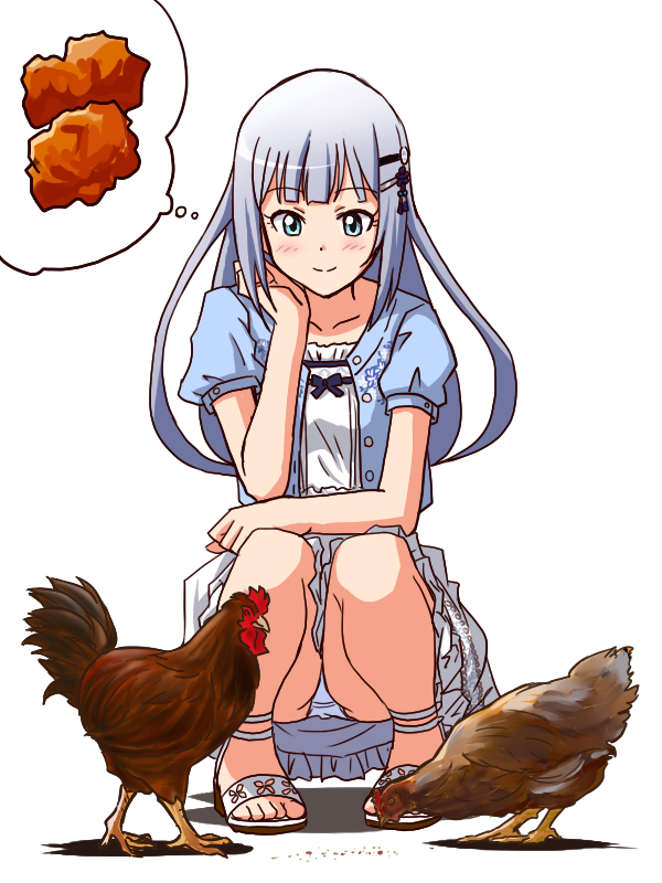 1girl bangs bird blue_eyes blue_jacket blunt_bangs blush chicken chicken_nuggets closed_mouth collarbone dress dutch_angle eyebrows_visible_through_hair fried_chicken full_body hair_ornament hairclip hand_on_own_cheek idolmaster idolmaster_million_live! idolmaster_million_live!_theater_days jacket layered_dress lielos long_hair looking_down open_clothes open_jacket panties pantyshot pantyshot_(squatting) puffy_short_sleeves puffy_sleeves rooster sandals shiraishi_tsumugi short_sleeves silver_hair simple_background smile solo squatting thought_bubble unbuttoned underwear white_background white_dress white_footwear