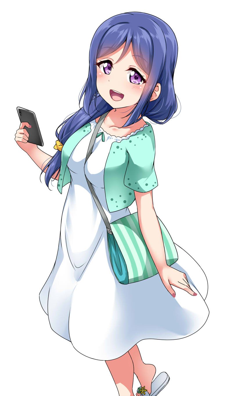 1girl :d alternate_hairstyle bag bangs blue_hair blush cellphone collarbone dress eyebrows_visible_through_hair hair_between_eyes hair_over_shoulder hair_tie handbag highres long_hair looking_at_viewer love_live! love_live!_sunshine!! matsuura_kanan open_mouth phone sandals simple_background smartphone smile solo violet_eyes white_background white_dress yopparai_oni