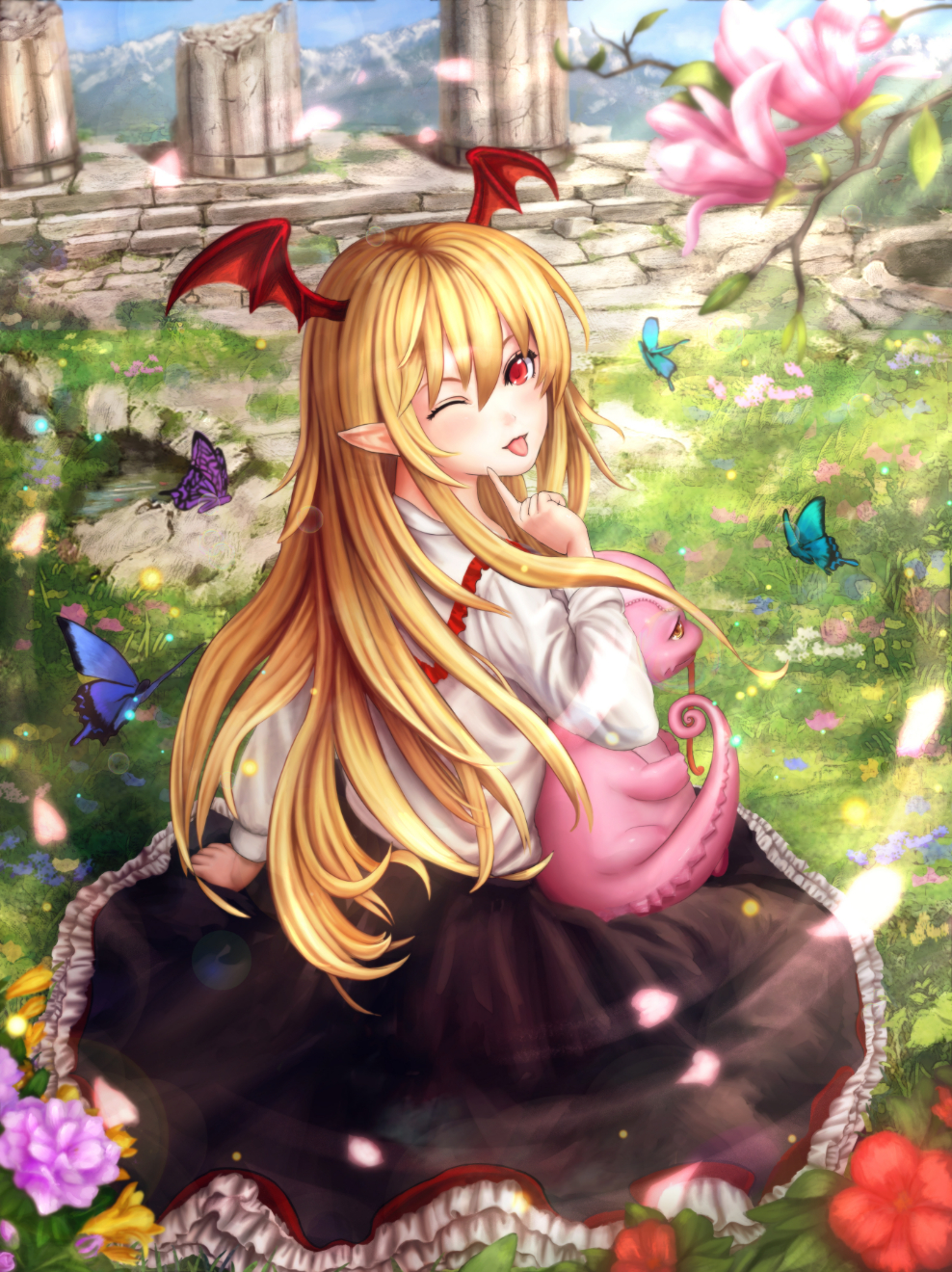 1girl ;) amatchi animal animal_on_lap blonde_hair blue_sky bug butterfly column day flower grass head_wings highres index_finger_raised insect long-hair looking_back one_eye_closed outdoors pillar pointy_ears ruins shadowverse sitting sky smile solo sunlight tongue tongue_out vampy