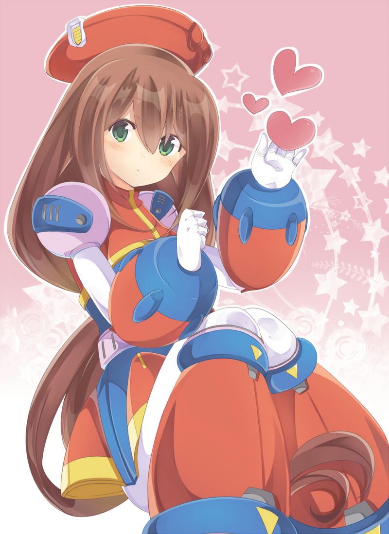 1girl android beret blush brown_hair capcom clenched_hand dress gloves green_eyes hair_between_eyes hat head_tilt heart iris_(rockman_x) knees_together long_hair looking_at_viewer looking_to_the_side low-tied_long_hair patterned_background red_hat rento_(rukeai) rockman rockman_x rockman_x4 sitting solo star white_gloves