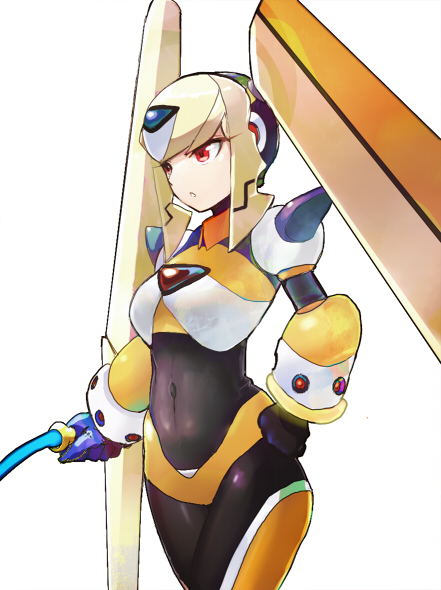 android armor breasts byte_(grunty-hag1) capcom chest_jewel covered_navel gloves hand_on_hip helmet holding_whip long_eyelashes medium_breasts navel oro_s power_armor red_eyes rockman rockman_xover shoulder_spikes simple_background spikes weapon whip white_background white_gloves