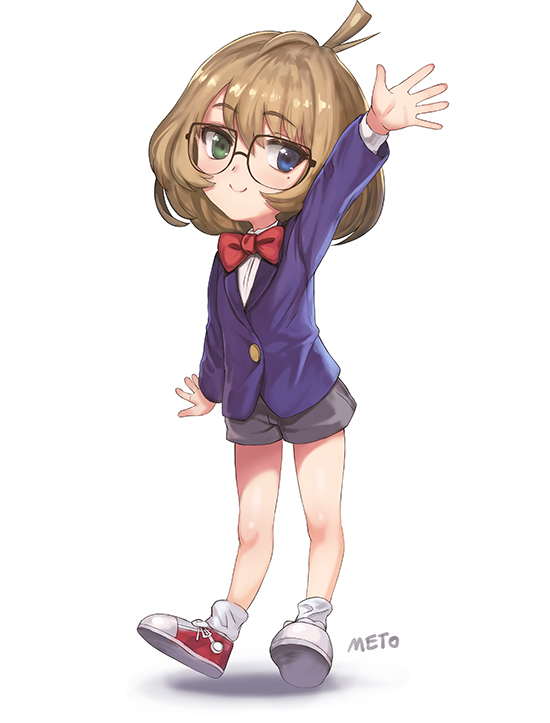 1girl arm_up artist_name bespectacled black-framed_eyewear black_shorts blue_eyes blue_jacket blush bow bowtie brown_hair child closed_mouth cosplay edogawa_conan edogawa_conan_(cosplay) full_body glasses green_eyes heterochromia idolmaster idolmaster_cinderella_girls jacket looking_at_viewer meitantei_conan meto31 red_bow red_footwear red_neckwear school_uniform shoes short_hair shorts simple_background smile socks solo standing takagaki_kaede waving white_background white_legwear younger