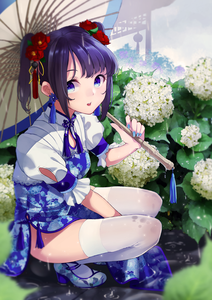 1girl between_legs blue_dress blue_footwear blush bush china_dress chinese_clothes day dress earrings floral_print flower flower_earrings frilled_sleeves frills from_side full_body hair_flower hair_ornament hand_between_legs highres holding holding_umbrella hydrangea jewelry lantern leaf looking_at_viewer looking_to_the_side nail_polish oriental_umbrella original paper_lantern parted_lips pelvic_curtain puddle puffy_short_sleeves puffy_sleeves rain red_ribbon retsuna ribbon shoes short_sleeves short_twintails sidelocks smile tareme tassel thigh-highs twintails umbrella water wet_legwear white_flower white_legwear