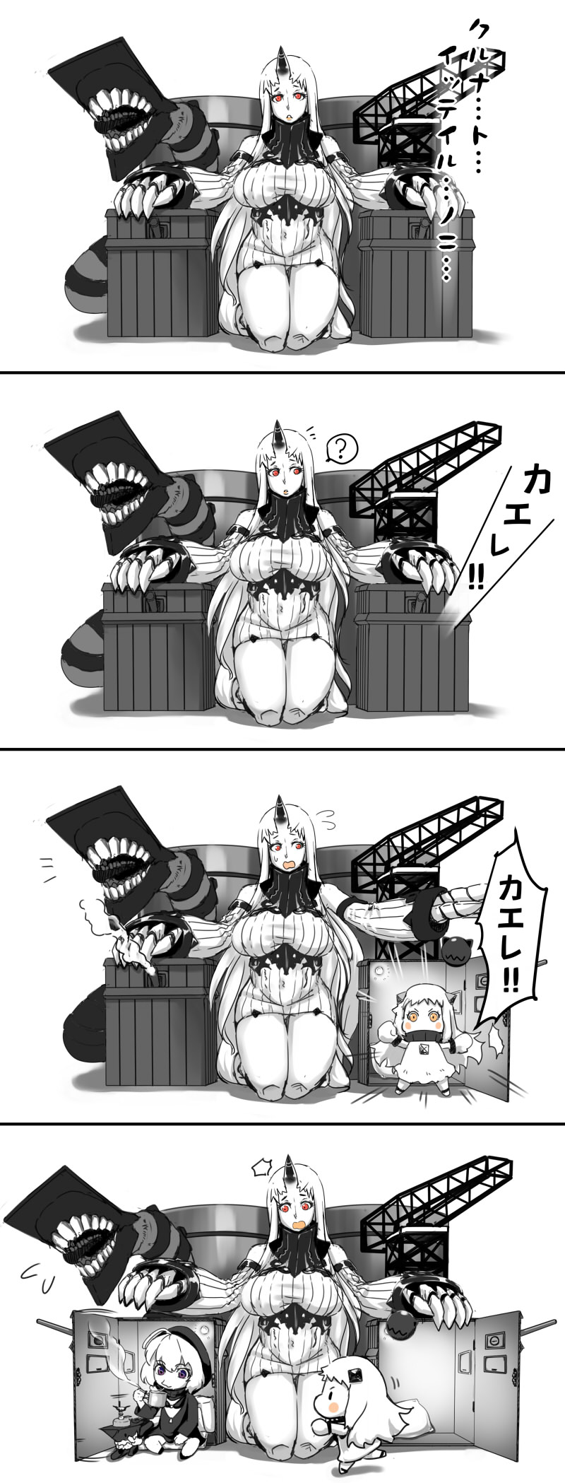 3girls ? backpack bag blush_stickers chibi claws comic commentary_request cup dress drinking escort_fortress_(kantai_collection) flying_sweatdrops highres hood hooded_jacket hoodie horn horns jacket kantai_collection kneeling long_hair mittens monochrome multiple_girls northern_ocean_hime pale_skin pillow re-class_battleship ribbed_dress scarf seaport_hime shinkaisei-kan short_dress short_hair sitting spoken_question_mark spot_color steam surprised sweater sweater_dress tail tetsukui thighs translation_request turret white_hair white_skin