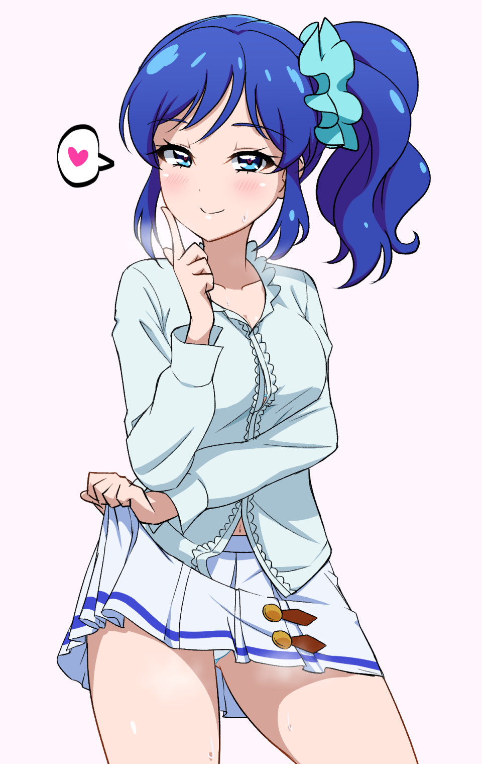 1girl acchi_(koiyimknp) aikatsu! aikatsu!_(series) blue_shirt breasts cleavage closed_mouth collared_shirt contrapposto cowboy_shot dress finger_to_cheek hair_ornament hair_scrunchie heart heart-shaped_pupils highres index_finger_raised kiriya_aoi lifted_by_self long_sleeves looking_at_viewer medium_breasts miniskirt navel panties pantyshot pantyshot_(standing) pink_dress pleated_skirt scrunchie seductive_smile shiny shiny_hair shirt short_hair side_ponytail simon skirt skirt_lift smile solo speech_bubble spoken_heart standing sweat symbol-shaped_pupils underwear white_panties white_skirt