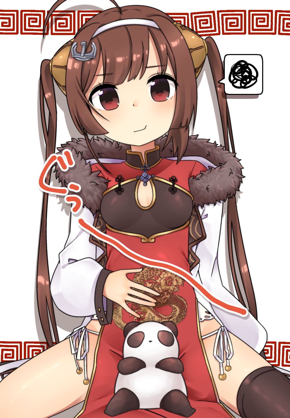 1girl ahoge anchor_hair_ornament asymmetrical_legwear azur_lane bangs black_legwear blush breasts brown_hair china_dress chinese_clothes commentary_request dress eyebrows_visible_through_hair fur-trimmed_jacket fur_trim hair_ornament hairband hand_on_own_stomach head_tilt highres jacket long_hair long_sleeves looking_at_viewer off_shoulder panda panties pelvic_curtain ping_hai_(azur_lane) puffy_long_sleeves puffy_sleeves red_dress red_eyes shitada side-tie_panties sidelocks single_thighhigh sitting small_breasts solo spoken_squiggle spread_legs squiggle thigh-highs twintails underwear very_long_hair white_background white_hairband white_jacket white_panties