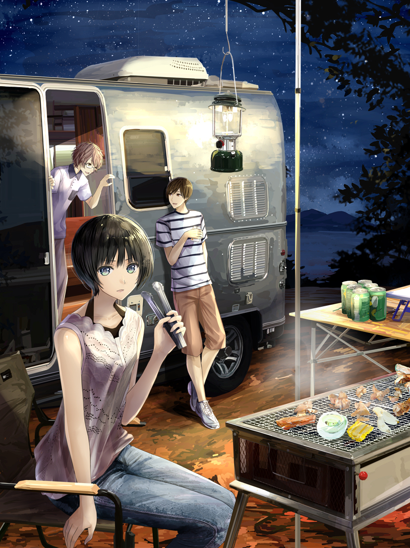 1girl 2boys black_hair bob_cut brown_hair camper camping can chair chef_no_kimagure_salad collarbone cooking denim food glasses green_eyes grill haunted_campus jeans lantern meat multiple_boys nada_koyomi night night_sky official_art pants shoes short_hair sky sneakers star_(sky) tongs tree water yagami_shinji