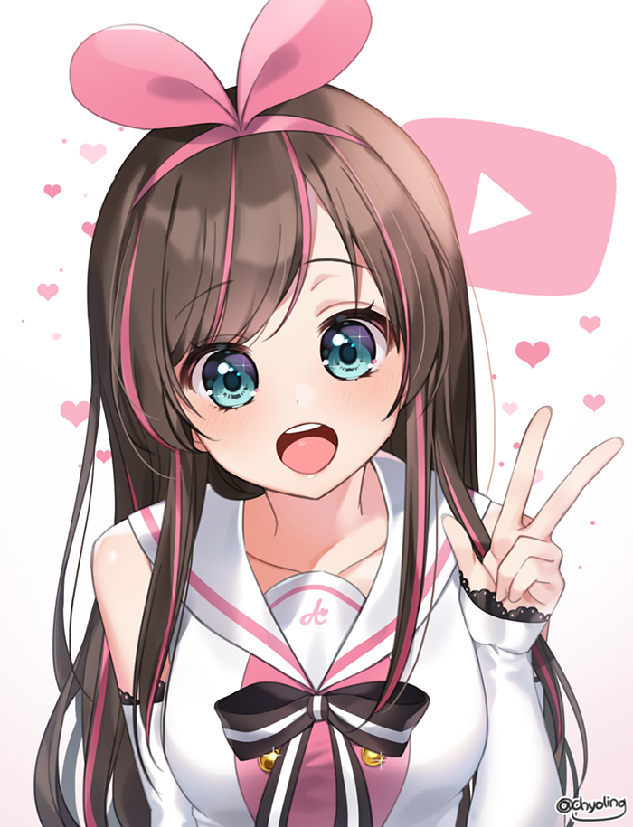 1girl :d a.i._channel arm_warmers bangs blush bow breasts brown_hair chyoling collarbone hairband heart kizuna_ai looking_at_viewer multicolored_hair open_mouth pink_bow pink_hair play_button sailor_collar simple_background smile solo sparkling_eyes streaked_hair swept_bangs two-tone_hair upper_body v virtual_youtuber white_background