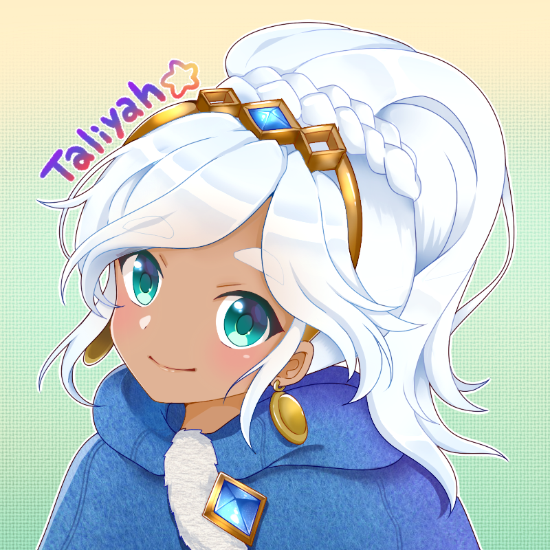 1girl alternate_eye_color alternate_hair_color alternate_skin_color blue_eyes braid character_name chobi_(chan_key) dark_skin earrings freljord_taliyah gem gradient gradient_background hair_ornament high_ponytail jewelry league_of_legends looking_at_viewer smile solo taliyah thick_eyebrows white_hair