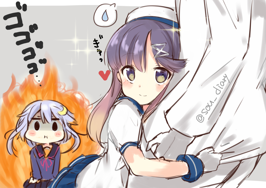 1boy 2girls admiral_(kantai_collection) black_serafuku blue_eyes blue_neckwear blue_skirt commentary_request crescent crescent_hair_ornament gloves gradient_hair hair_ornament hat kantai_collection long_hair long_sleeves multicolored_hair multiple_girls neckerchief pleated_skirt purple_hair sailor_hat school_uniform serafuku short_hair_with_long_locks short_sleeves sidelocks skirt smile sou_(soutennkouchi) spoken_sweatdrop sweatdrop tsushima_(kantai_collection) uniform white_gloves white_hat yayoi_(kantai_collection)